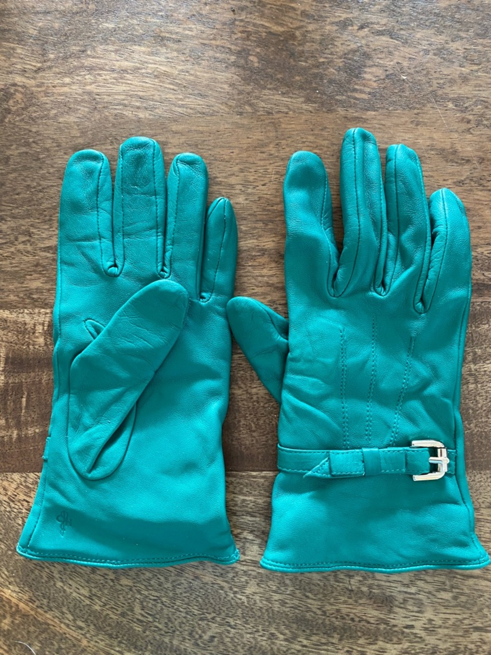 Teal Cole Haan Leather Gloves with Buckle Detail